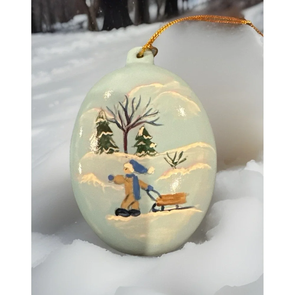 Hand painted Ornament Boy Sledding‎ Staci Black Signed Winter Scene